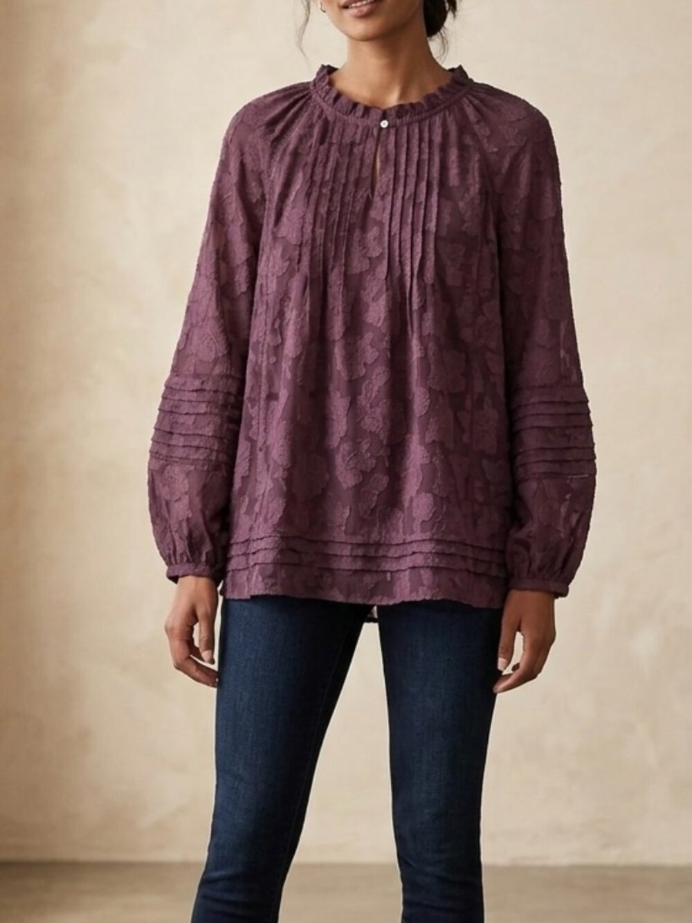 J Jill Burnout Floral Plum Sheer Peasant Blouse Sz XL Whimsigoth Boho Romantic
